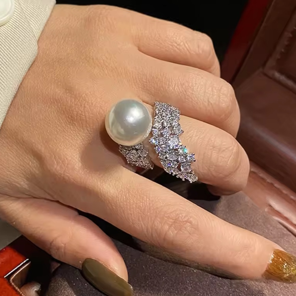 Luxe Pearl Diamond Wrap Ring | Statement Leaf Design | Adjustable - Picture 6 of 10